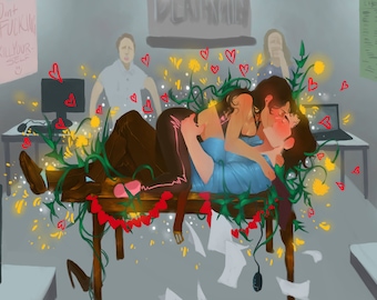 May include: A digital illustration of two figures kissing on a wooden desk in an office setting. The scene is surrounded by green vines, yellow dandelion-like flowers, and floating red heart icons. Papers are scattered on the desk and floor.