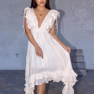 Boho Ruffle Midi Dress - Deep V-Neck, Smocked Waist, Asymmetrical Hem, Romantic Cottagecore Summer Dress