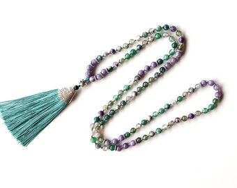 Peacock Green and Purple Agate 108 Beaded Mala Necklace w/ Tassel (Japamala Meditation / Prayer / Worry Beads) Australian Made