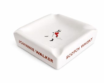 Vintage Johnny Walker Scotch Whisky White Square Ceramic Ash Tray Ashtray