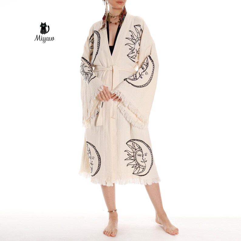 Celestial Handcrafted Beach Cover Up, Boho Moon and Sun Print Kimono ...