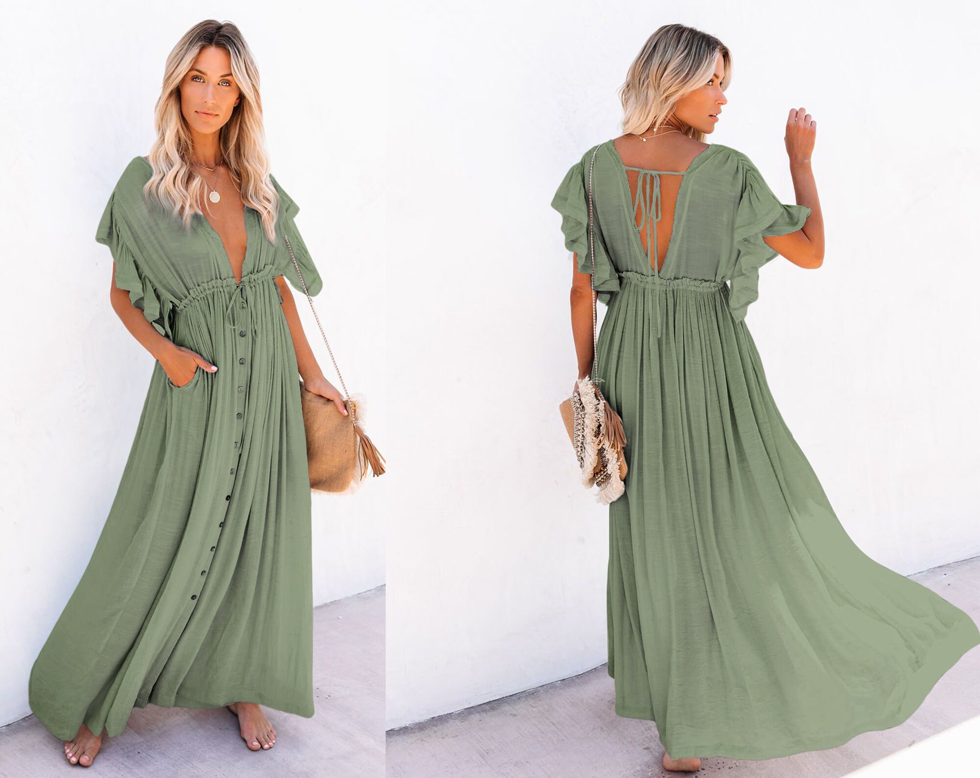 Green boho linen maxi dress Bohemian green Linen maxi dress Etsy