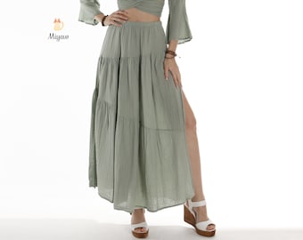 Gonna maxi a strati verde Boho con fascia elastica