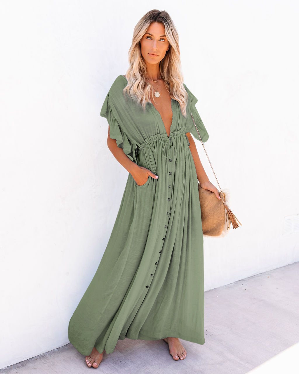 Green boho linen maxi dress Bohemian green Linen maxi dress | Etsy