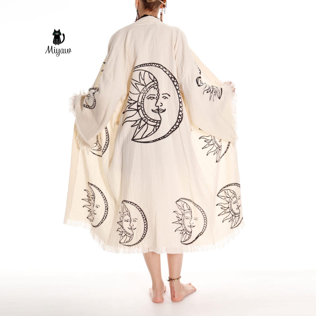 Celestial Handcrafted Beach Cover Up, Boho Moon and Sun Print Kimono ...
