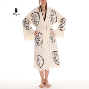 Boho Moon and Sun Print Organic Cotton Kimono Robe for Beach Days