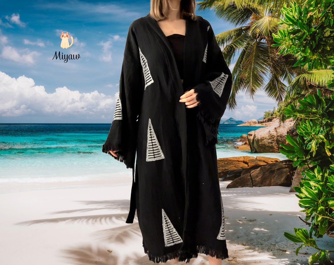 Boho Black Beach Cover Up In Organic Cotton Tribal Design Linen Like Il 1080xN.5616068892 82se