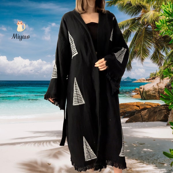 Boho Black Beach Cover-Up in Organic Cotton - Tribal Design, Linen-Like Feel