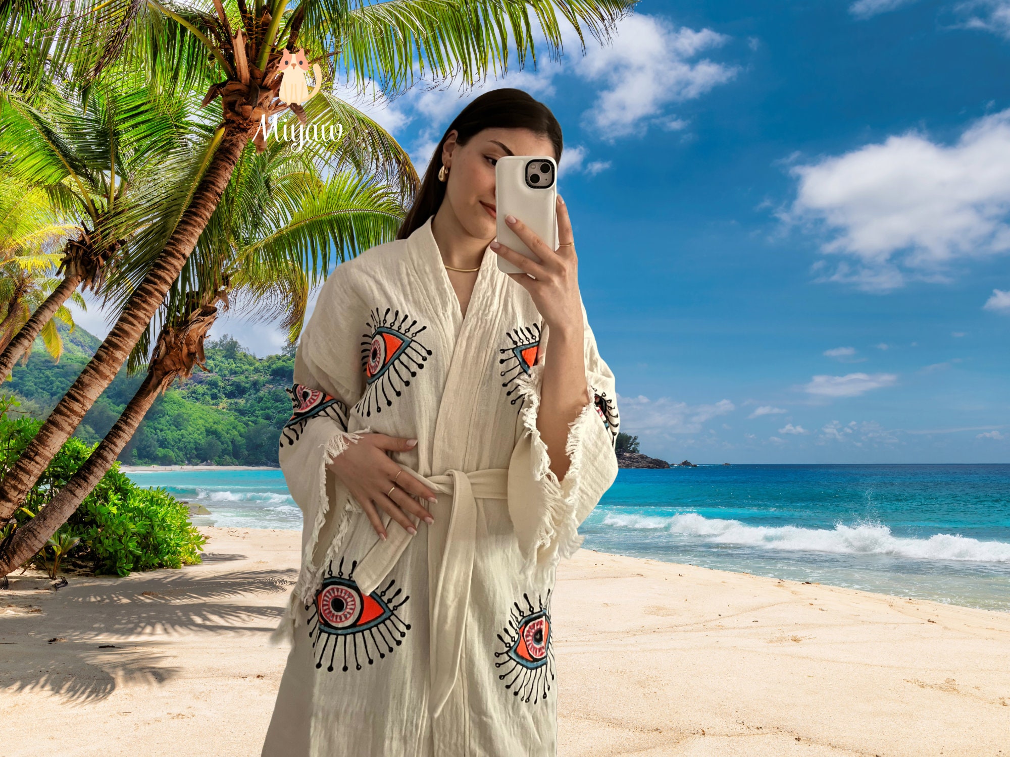 Boho Chic Organic Cotton Beach Cover up Handmade Kimono Robe With Eye ...