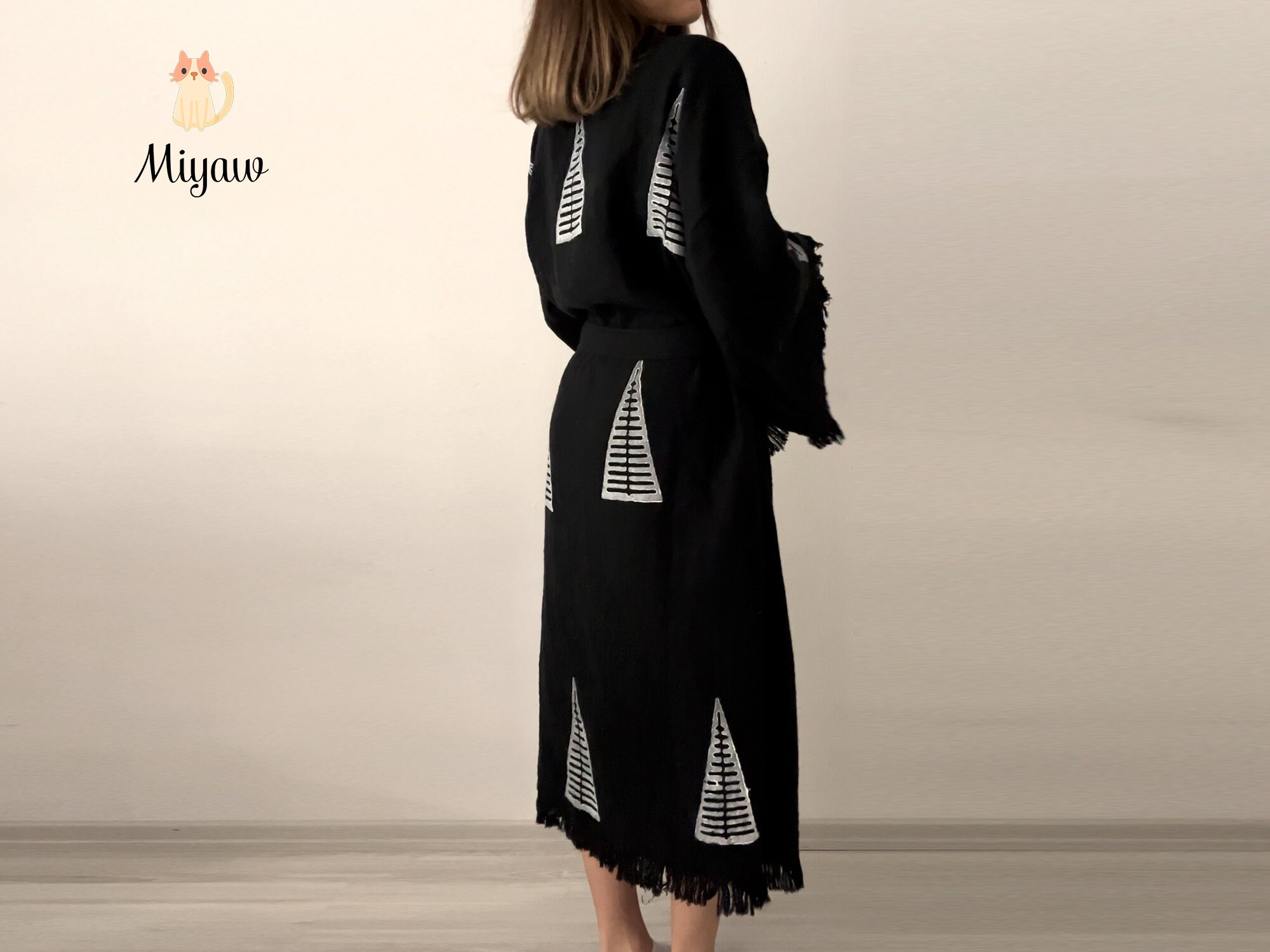 Boho Black Beach Coverup in Organic Cotton Tribal Design, Linenlike