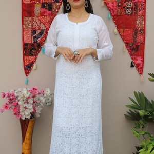 White Chikankari Kurti, Lucknowi White Viscose Chikan Kurta, Kurta Ethnic Wear, Hand-embroidered Kurta Gift for her, with Free white Inner