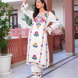 White Cotton Kurti Set: Kashmiri Aari Embroidery, Indian Tunic