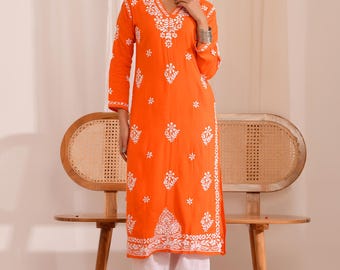 Handmade Chikankari Rayon Kurta: Lucknowi Embroidered Ethnic Top