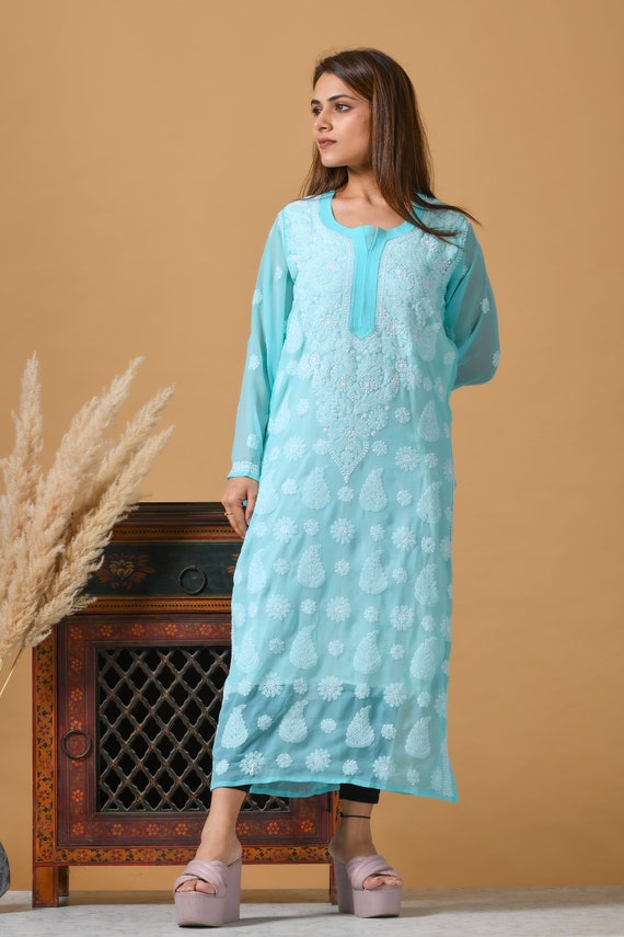 Buy Vahson Women Chikan Embroidery Cotton Cmabric Straight Short Kurti Blue  at Amazon.in