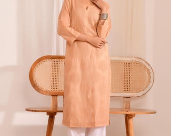Color marrón Lucknawi Chikankari Kurta: Kurta indio hecho a mano