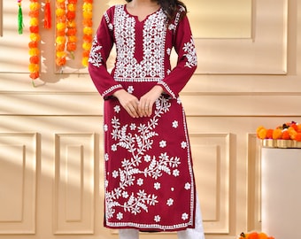 Mehroon Modal Chikankari Kurta: Hand-embroidered Floral Cotton