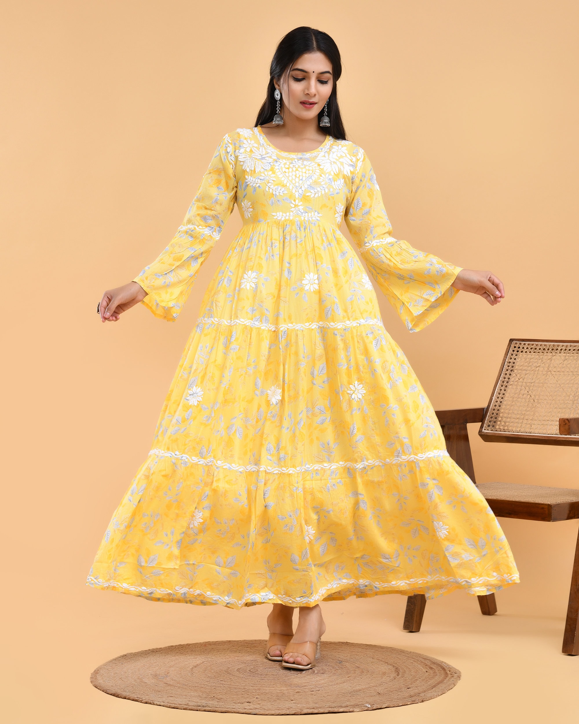 chinese dress ladies Ibiza Style Long Indian Chikankari Anarkali Dress – EeshaBoutique main image 0