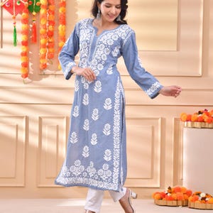 Hand Embroidered Denim Cotton Grey Chikankari Kurta lucknawi chikankari Indian Bollywood Chikan Hand Embroidery Denim Kurta Gift for her