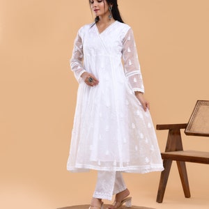 Handcrafted White Chikankari Anarkali, Chikankari Anarkali, white chikankari Anarkali, Lucknowi Anarkali, Organza Chikankari Anarkali