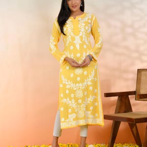 Women Lemon Yellow Modal Straight Hand Embroidered Chikankari Kurti Lucknowi Chikankari Kurta Ethnic wear trendy kurti Gift for her Aidah