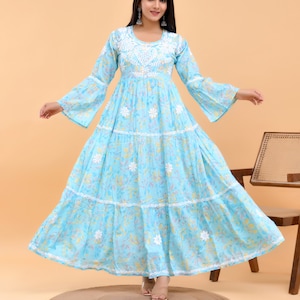 chinese dress ladies Printed work with Chikankari Embroided Gown – Ethenika.com