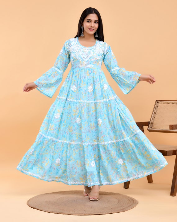 chinese dress ladies Arsh Handcrafted Sky Blue Modal Chikankari Gown Dress – arshchikan