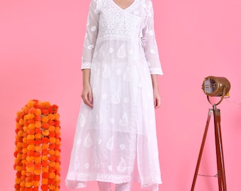Chikankari Angrakha Kurta: Lucknowi Kota Cotton Embroidered Dress