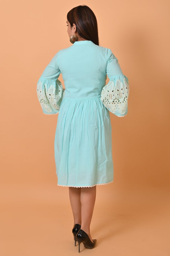 Cotton Schiffli Embroidered A-Line Dress: Sea Green Party Dress