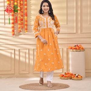 Kurti de algodón Chikankari bordado a mano - Lucknowi Kurta amarillo mostaza