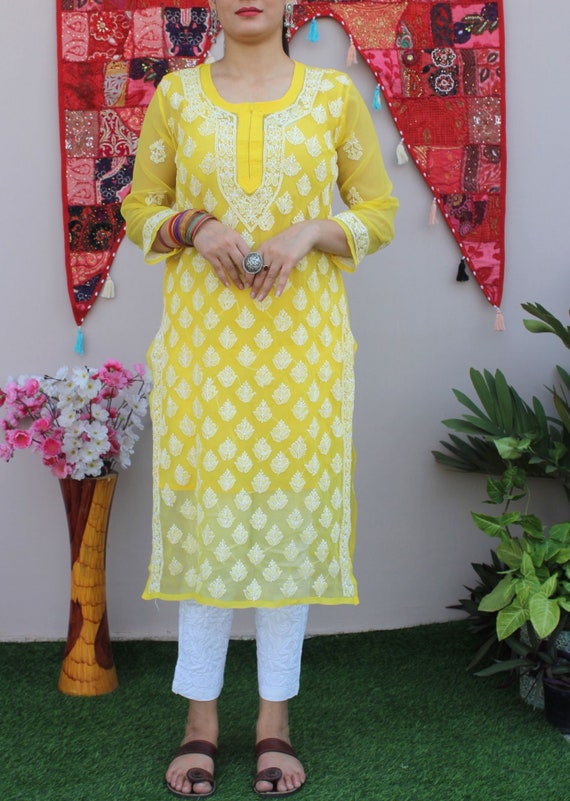 Buy RAJOOL'S Kurta Set Yellow Colored Kurti with Matching York Pattern and  Designer Sleeves and White Matching lace, Along with Matching Pant.  (Medium) at Amazon.in