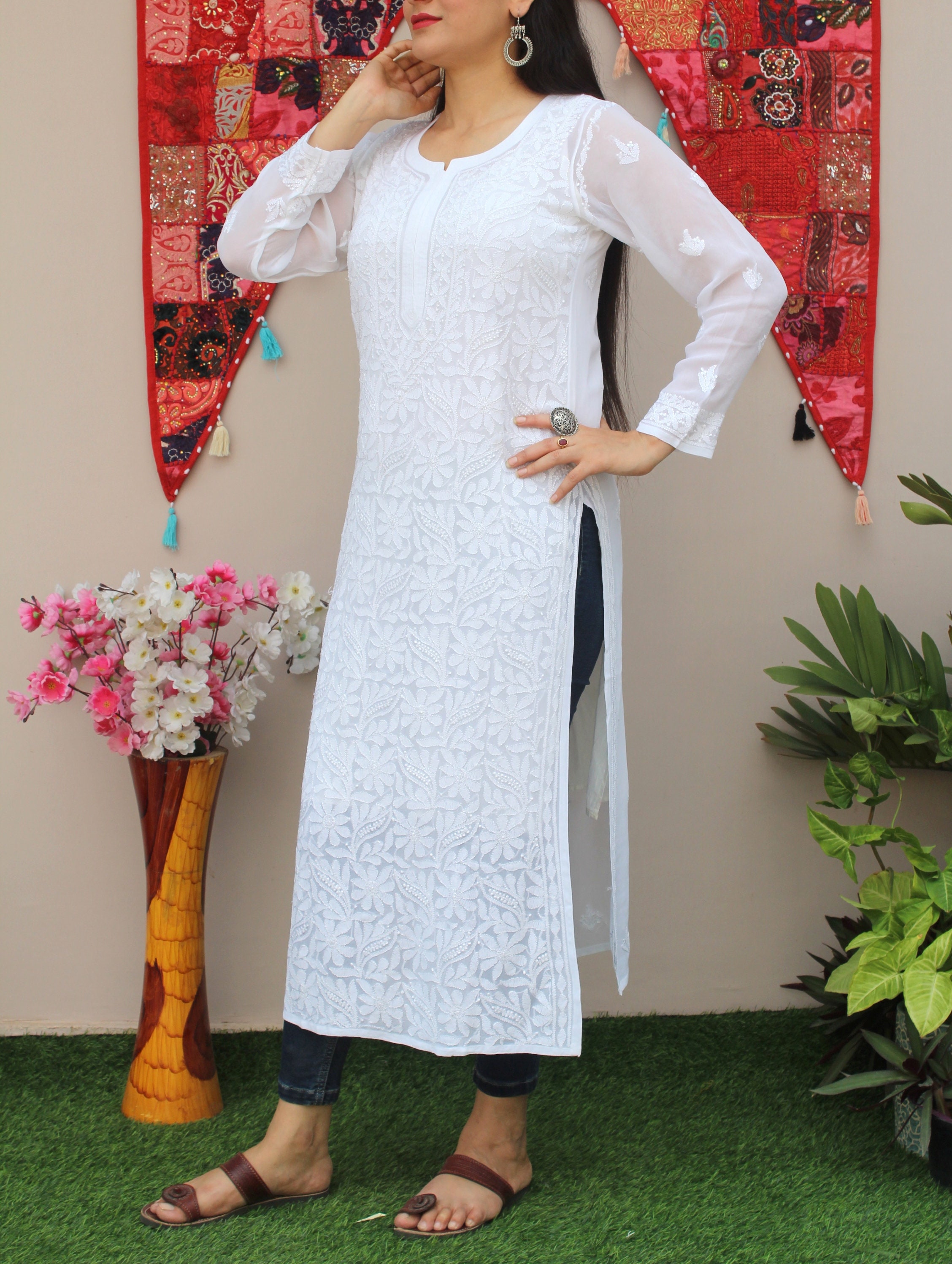 Buy Indian Off-White Cotton Blended Frock Style Kurti LKV002314
