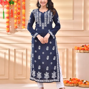 Women Wear Navy Blue Modal Straight Hand Embroidered Chikankari Kurti Lucknowi Chikankari Kurta Ethnic wear trendy kurti Gift for her Aidah