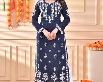Navy Blue Modal Chikankari Kurti: Hand Embroidered Lucknowi Tunic