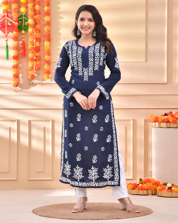 Navy Blue Modal Chikankari Kurti: Hand Embroidered Lucknowi Tunic