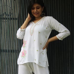 women&#39;s White Chikankari Co-ord Set, White Soft Rayon Cotton Co-ord Set, Chikankari set, Lucknowi Chikankari top- Bottom Set, Chikan work
