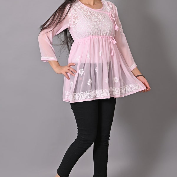 Lucknowi Chikankari Short Kurta, Georgette short Angrakha chikankari Kurta, Pink short chiknkari Kurta, Georgette Kurta