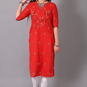 Women Red Chikankari Kurti, Hand embroidered chikankari cotton Kurti, Red chikankari kurti, Women Lucknowi chikankari Kurti