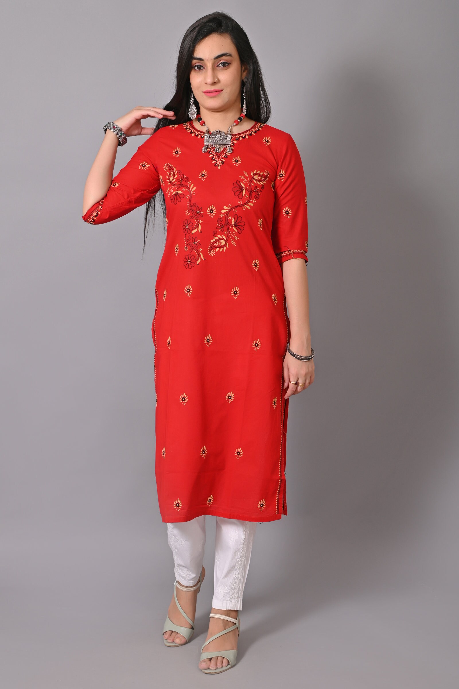 Red Striped Khadi Simple Kurti | eWe