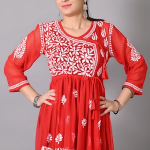 Hand Embroidered Chikankari Short Red Kurta, Georgette Angrakha chikankari Short Kurta , Red Georgette Top, Lucknowi Chikankari Short kurta