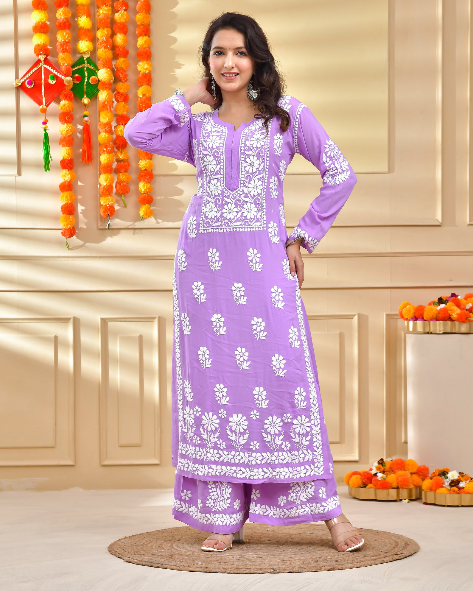 Sophisticated Brown Rust Poly Georgette Motifs Embroidered Chikankari Kurta With Palazzo Straight Design Pant
