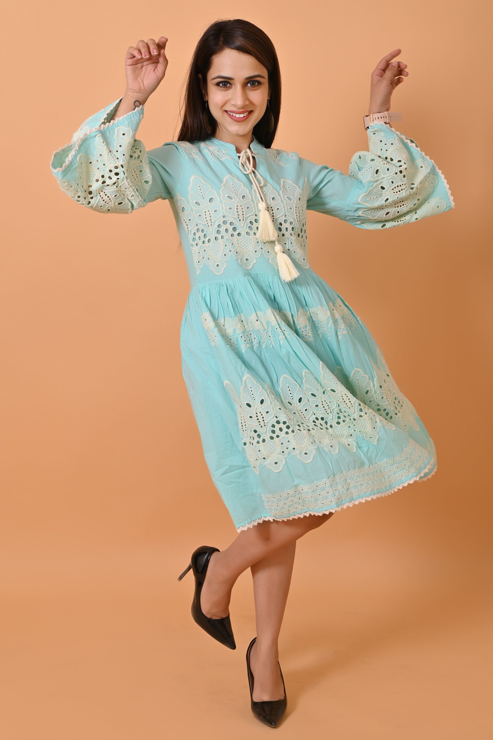 Cotton Schiffli Embroidered A-Line Dress: Sea Green Party Dress Cotton Schiffli Embroidered A-Line Dress: Sea Green Party Dress