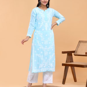 Women Wear Light Blue Modal Straight Hand Embroidered Chikankari Kurti Lucknowi Chikankari Kurta Ethnic wear trendy kurti Gift for her Aidah