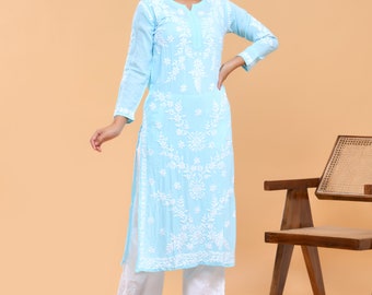 Light Blue Modal Chikankari Kurti: Hand Embroidered Lucknowi Ethnic Wear