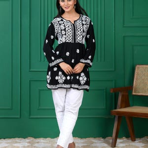 Black Rayon Chikankari Short Kurta Chikankari Short Top Lucknowi Chikankari Hand Embroidered Top Traditional Indian Wear Gift for her Aadila