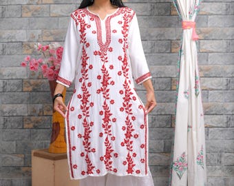 Handcrafted Chikankari Kurti: White Reyon Kurta with Red Embroidery