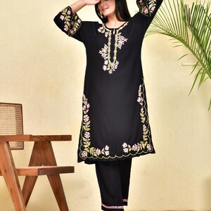 Hand Embroidery Chikankari Kurta Pant Set - Black