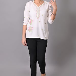 White Chikankari Top, white chikan work top for women, Chikankari rayon Top for women, chikankari tees for women, women chikankari top