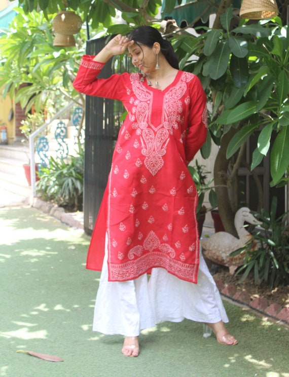 Buy Red & White Front Panel Lucknowi Chikankari Casual Cotton Kurti Online  at Kiko Clothing
