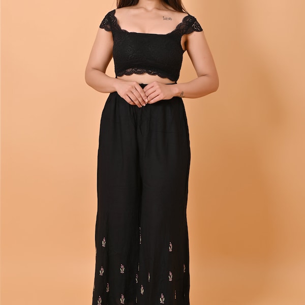 Lucknowi Plazzo. Bottom Wear, Black Modal Palazzo, Chikankari Black Palazzo, hand embroidery, Palazzo, Chikankari Bottom