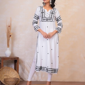 Rayon Kurta, Chikankari, Rayon Chikankari Kurta blanco, Chikankari Kurta, Lucknawi kurta, trabajo Chikan, regalo para ella, chikankari kurta blanco